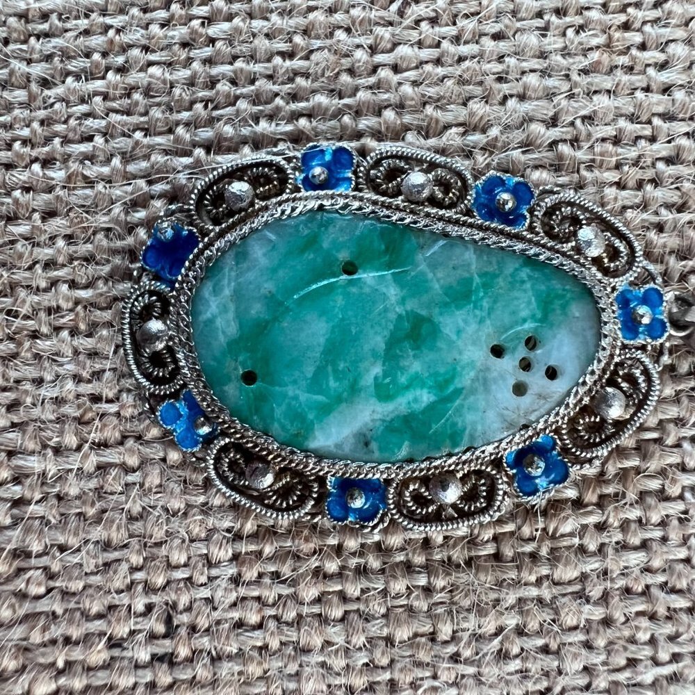 Silver 925 intricate jade center Asian pendant green vintage - Picture 2 of 6